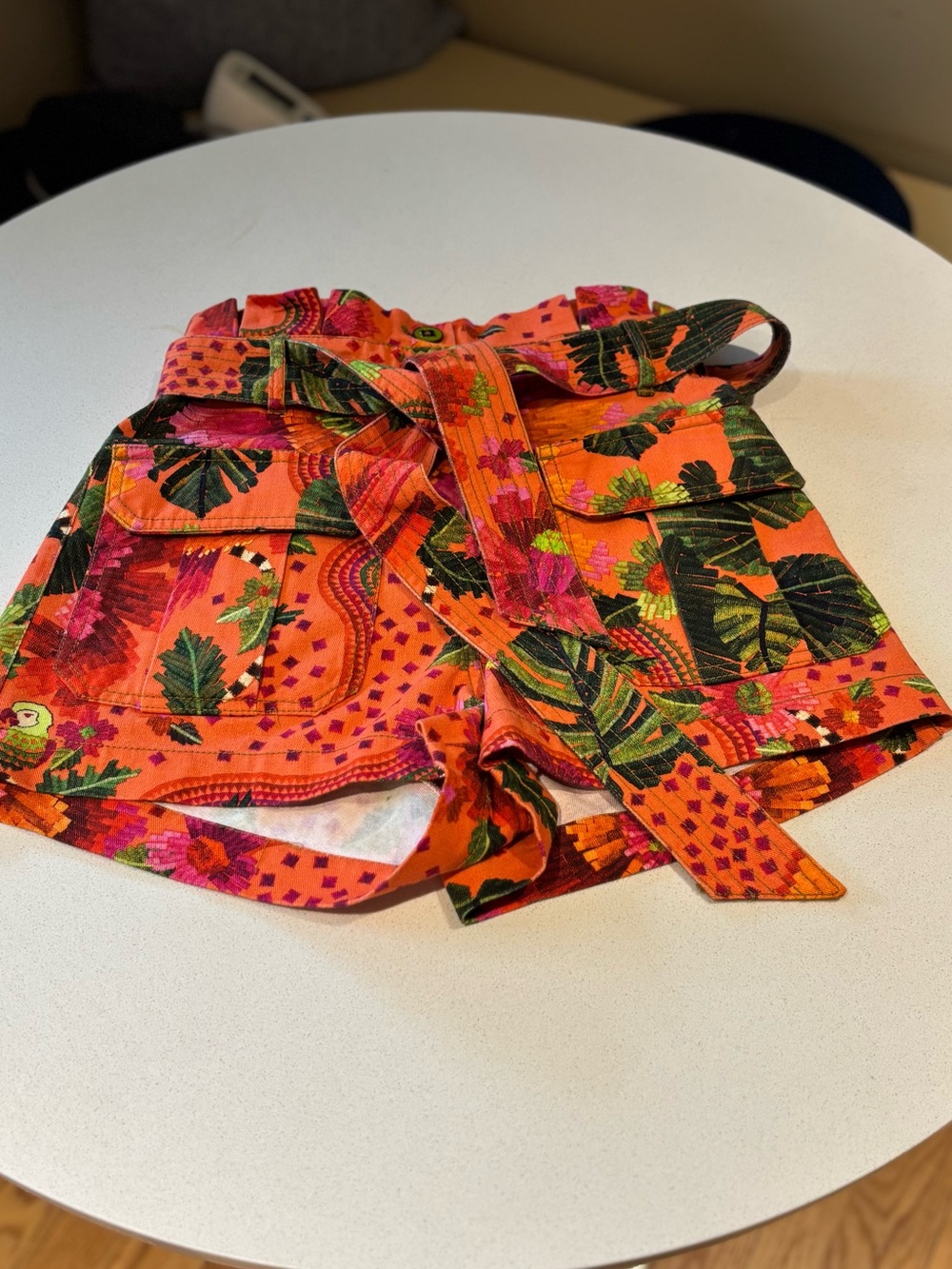 Tropical Print Orange High-Waist Shorts with Tie Belt Farm Rio XS